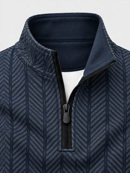Golfpullover mit Fischgrätmuster in Marineblau, Funktionsmaterial und Viertelreißverschluss