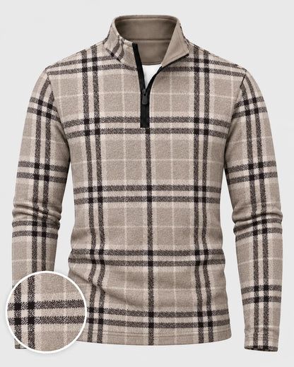 Golf-Pullover mit Viertelreißverschluss und Karomuster in Taupe