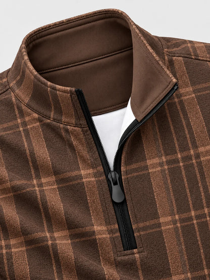 Golf-Pullover aus Funktionsmaterial in Mokkabraun mit mehrlagigem Karomuster und Viertelreißverschluss