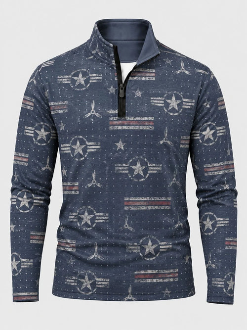 Marineblauer Golfpullover mit Luftfahrtmotiv und Viertelreißverschluss