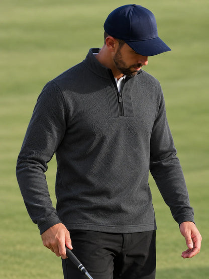 Golf-Pullover aus Funktionsmaterial in Anthrazitgrau mit feiner Mikrorippstruktur und Viertelreißverschluss