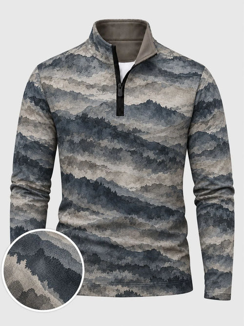 Golf-Pullover aus Funktionsmaterial in Schieferblau mit nebligem Berglandschaftsmotiv und Viertelreißverschluss