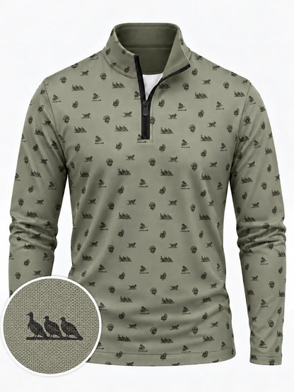 Performance-Golfpullover in Salbeigrün mit Truthahnmuster und Viertelreißverschluss