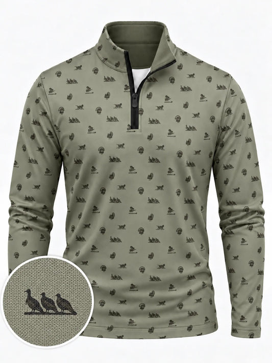Performance-Golfpullover in Salbeigrün mit Truthahnmuster und Viertelreißverschluss