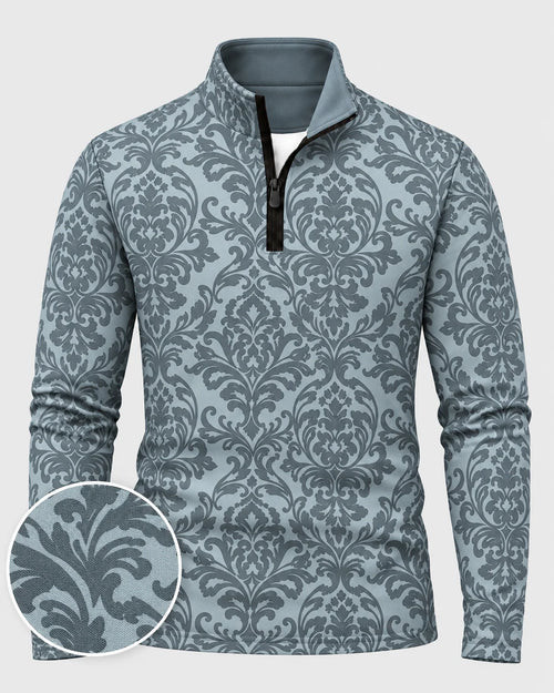 Blaugrauer Performance-Pullover mit Damastmuster und kurzem Reißverschluss