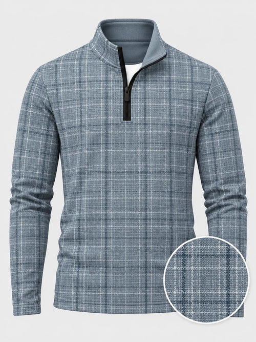 Golf-Pullover aus Funktionsmaterial in Staubblau mit gekreuztem Karomuster und Viertelreißverschluss