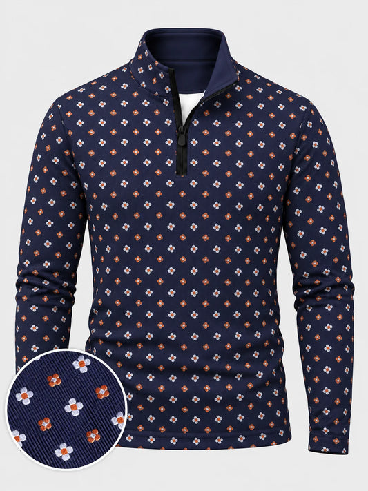 Marineblauer Performance-Pullover mit Viertelreißverschluss und feinem Blumenmuster