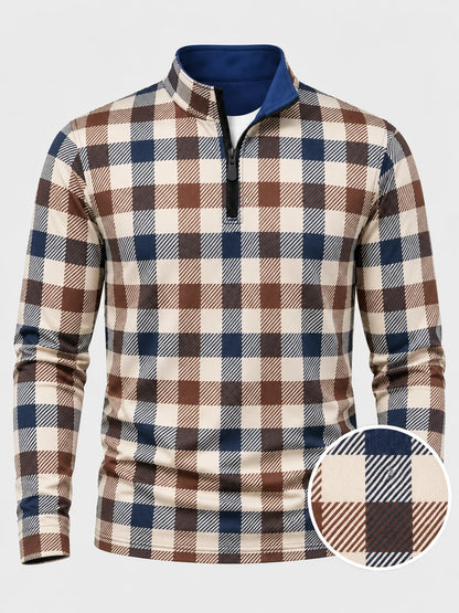 Navyblauer Performance-Quarter-Zip-Pullover mit klassischem Heritage-Karomuster