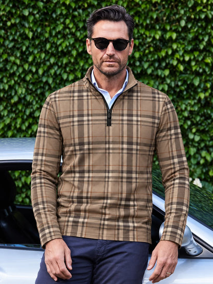 Golf-Pullover in Camel mit Tartan-Karomuster und kurzem Reißverschluss