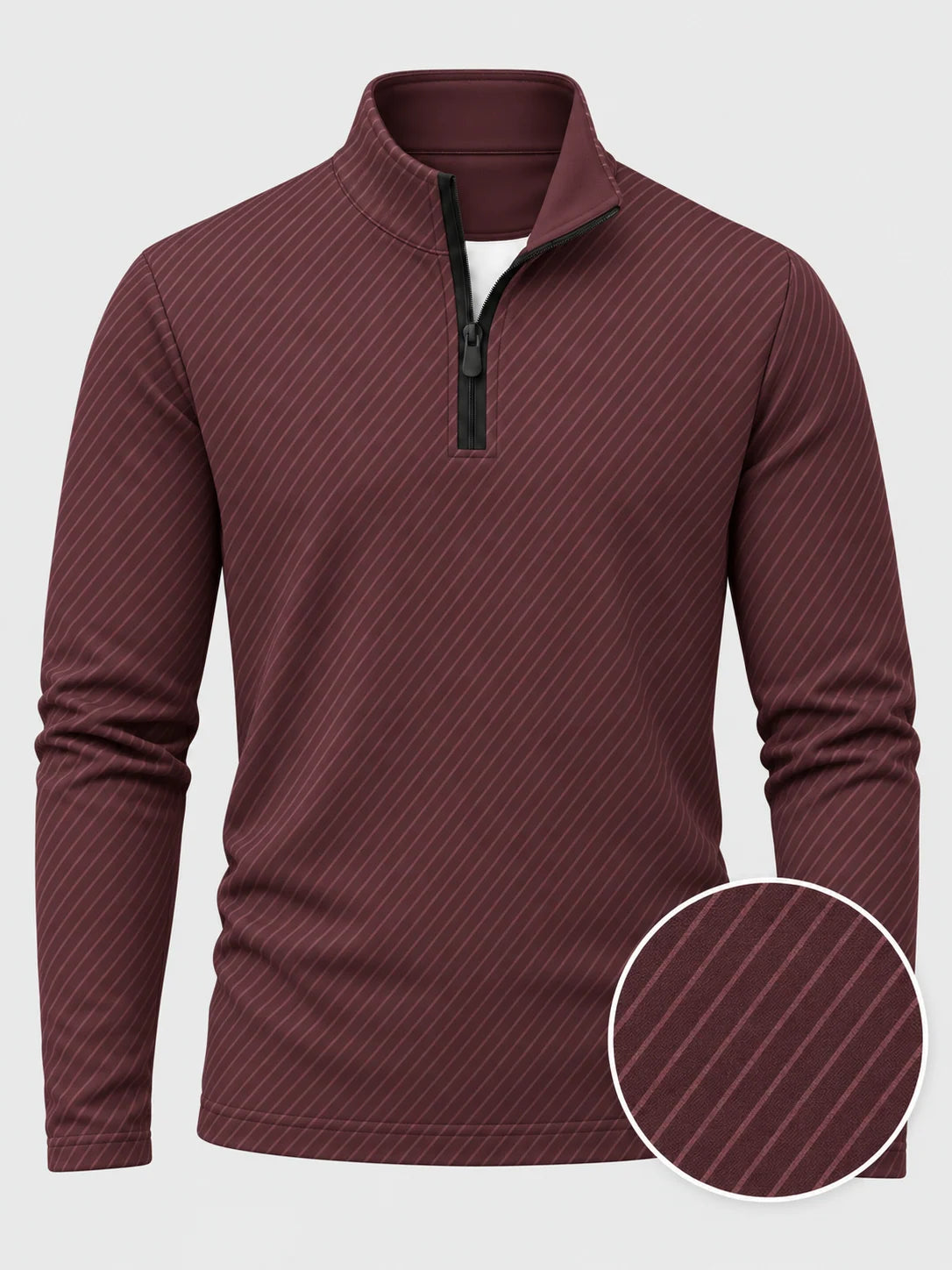 Burgunderroter Golfpullover mit diagonalem Streifenmuster, Funktionsmaterial und Viertelreißverschluss