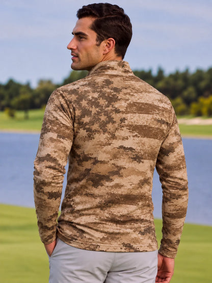 Golf-Pullover mit Viertelreißverschluss und langen Ärmeln in Khaki mit Used-Look-Print der amerikanischen Flagge