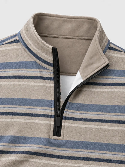 Sandfarbener Performance-Quarter-Zip-Pullover mit blauen Streifen