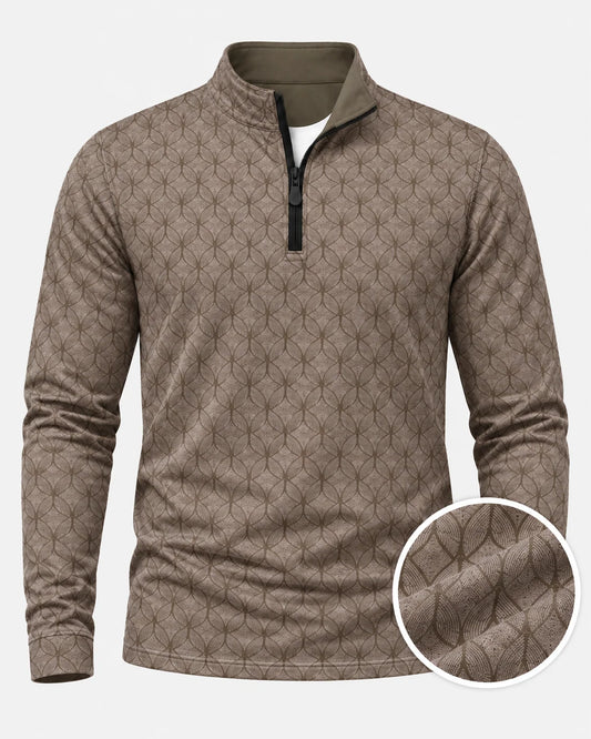 Performance-Golfpullover in Taupebraun mit geometrischem Muster und Viertelreißverschluss