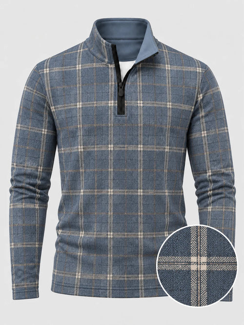 Golf-Pullover mit Viertelreißverschluss und Karomuster in Schieferblau
