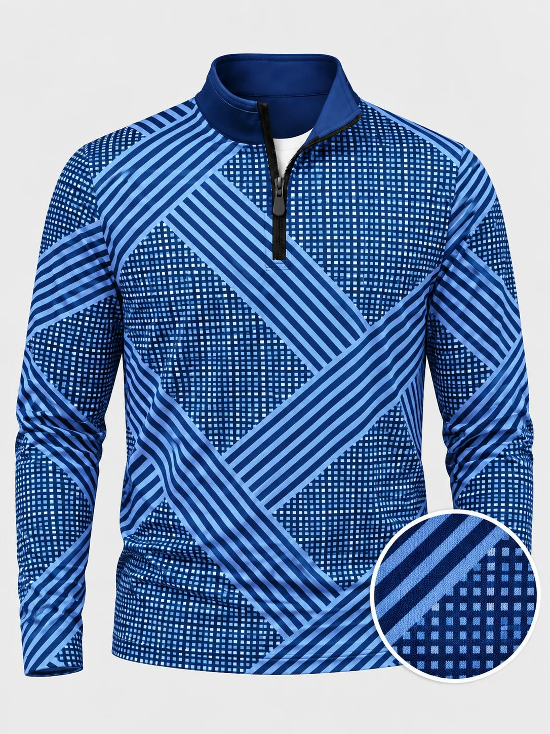 Marineblauer Golf-Pullover mit Gittermuster und diagonalen Streifen, Viertelreißverschluss und Funktionsmaterial