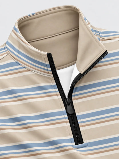 Golfpullover in Sandbeige mit mehrfarbigem Streifenmuster und Viertelreißverschluss