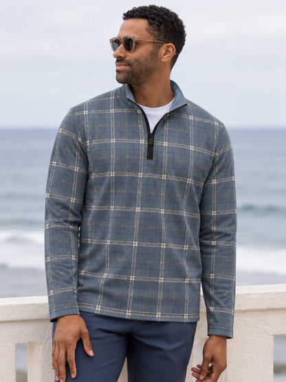 Golf-Pullover mit Viertelreißverschluss und Karomuster in Schieferblau