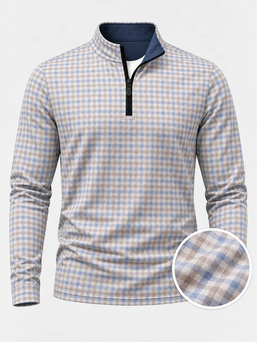 Blau-Beiger Karo-Golfpullover aus Funktionsmaterial mit kurzem Reißverschluss