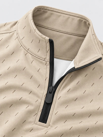Performance-Golfpullover in Elfenbeinbeige mit feinem Strichmuster und Viertelreißverschluss