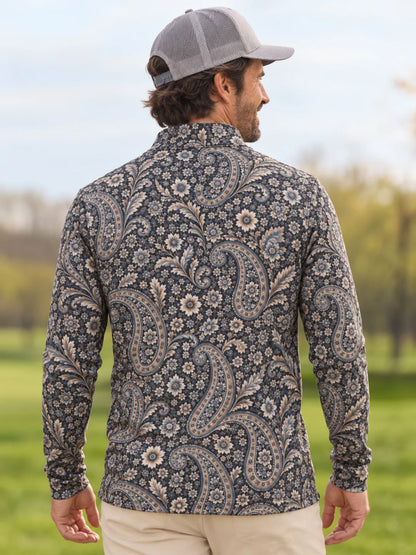 Blauer Golfpullover mit floralem Paisley-Muster, Funktionsmaterial und Viertelreißverschluss