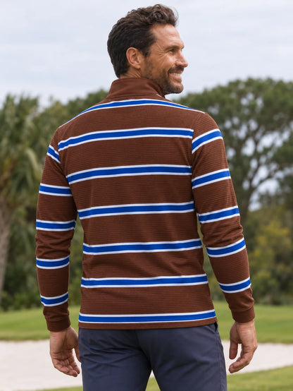 Schokoladenbrauner Golf-Pullover mit kobaltblauen und weißen Streifen und Viertelreißverschluss aus Funktionsmaterial