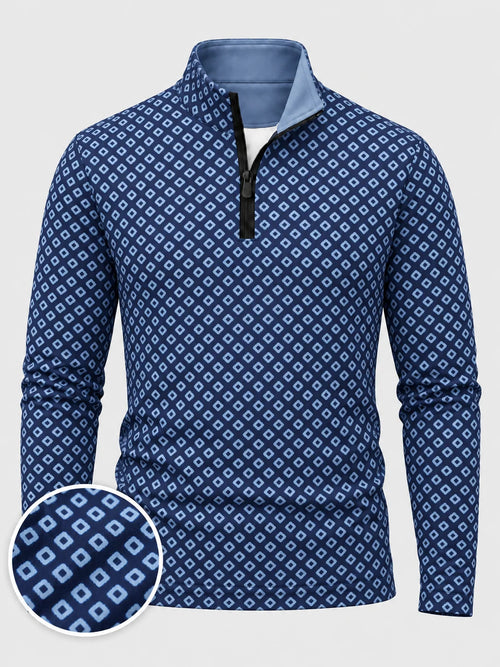 Navyblauer Performance-Pullover mit Rautenmuster und kurzem Reißverschluss