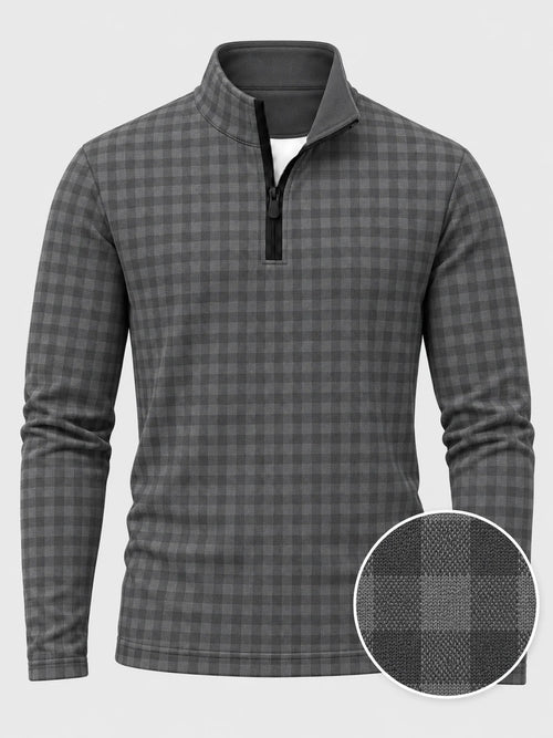 Golf-Pullover aus Funktionsmaterial in Anthrazitgrau mit Vichy-Karomuster und Viertelreißverschluss