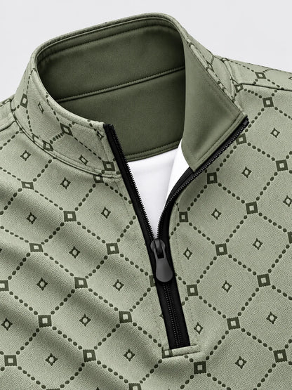 Salbeigrüner Golfpullover aus Funktionsmaterial mit geometrischem Muster und kurzem Reißverschluss