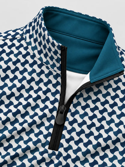 Blauer Performance-Pullover mit Wellenmuster und kurzem Reißverschluss