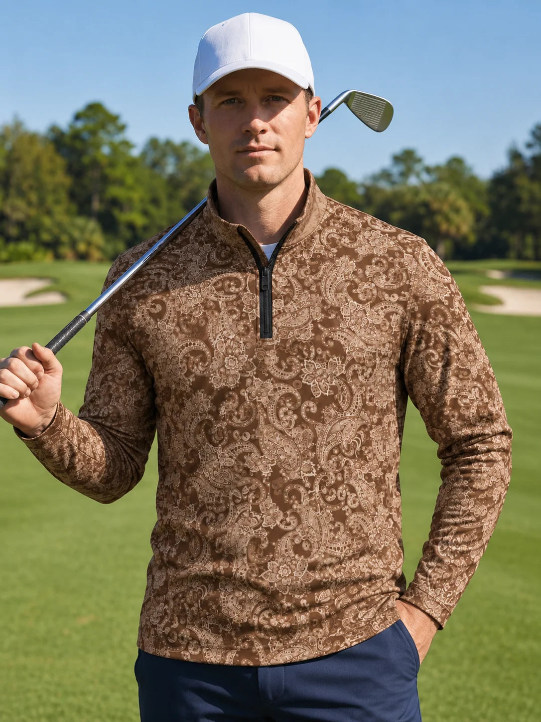 Mokkabrauner Performance-Quarter-Zip-Pullover mit Heritage-Paisley-Muster