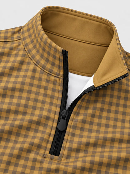 Golf-Pullover aus Funktionsmaterial in Goldsenf mit Vichy-Karomuster und Viertelreißverschluss