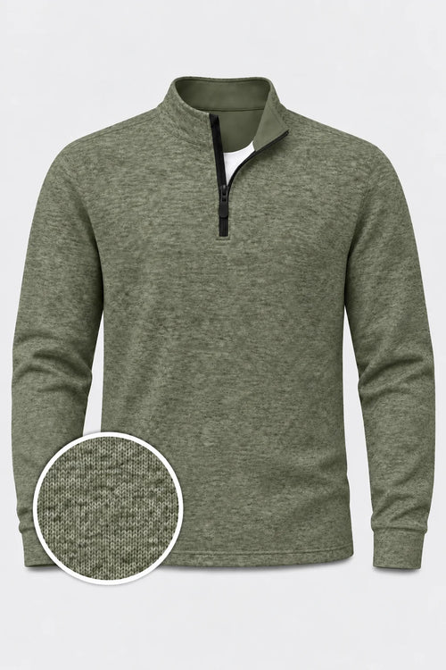 Salbeigrüner Golf-Pullover aus meliertem Strick mit Viertelreißverschluss