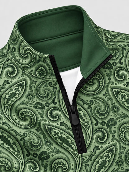Salbeigrüner Performance-Pullover mit Viertelreißverschluss und Paisley-Muster