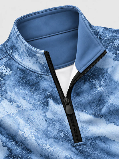 Blauer Performance-Pullover mit Marmormuster und kurzem Reißverschluss