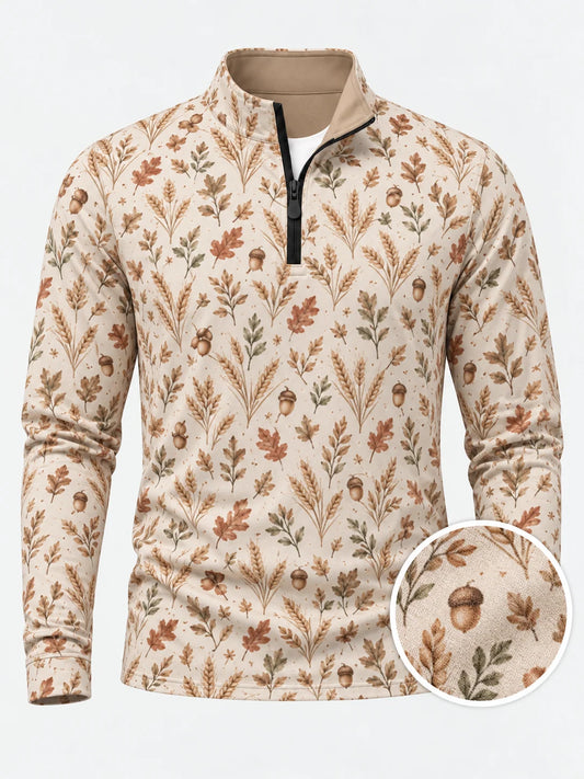 Cremefarbener Golfpullover aus Funktionsmaterial mit herbstlichem Blumenmuster und kurzem Reißverschluss