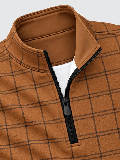 Golf-Pullover aus Funktionsmaterial in Rostorange mit Fensterkaromuster und Viertelreißverschluss