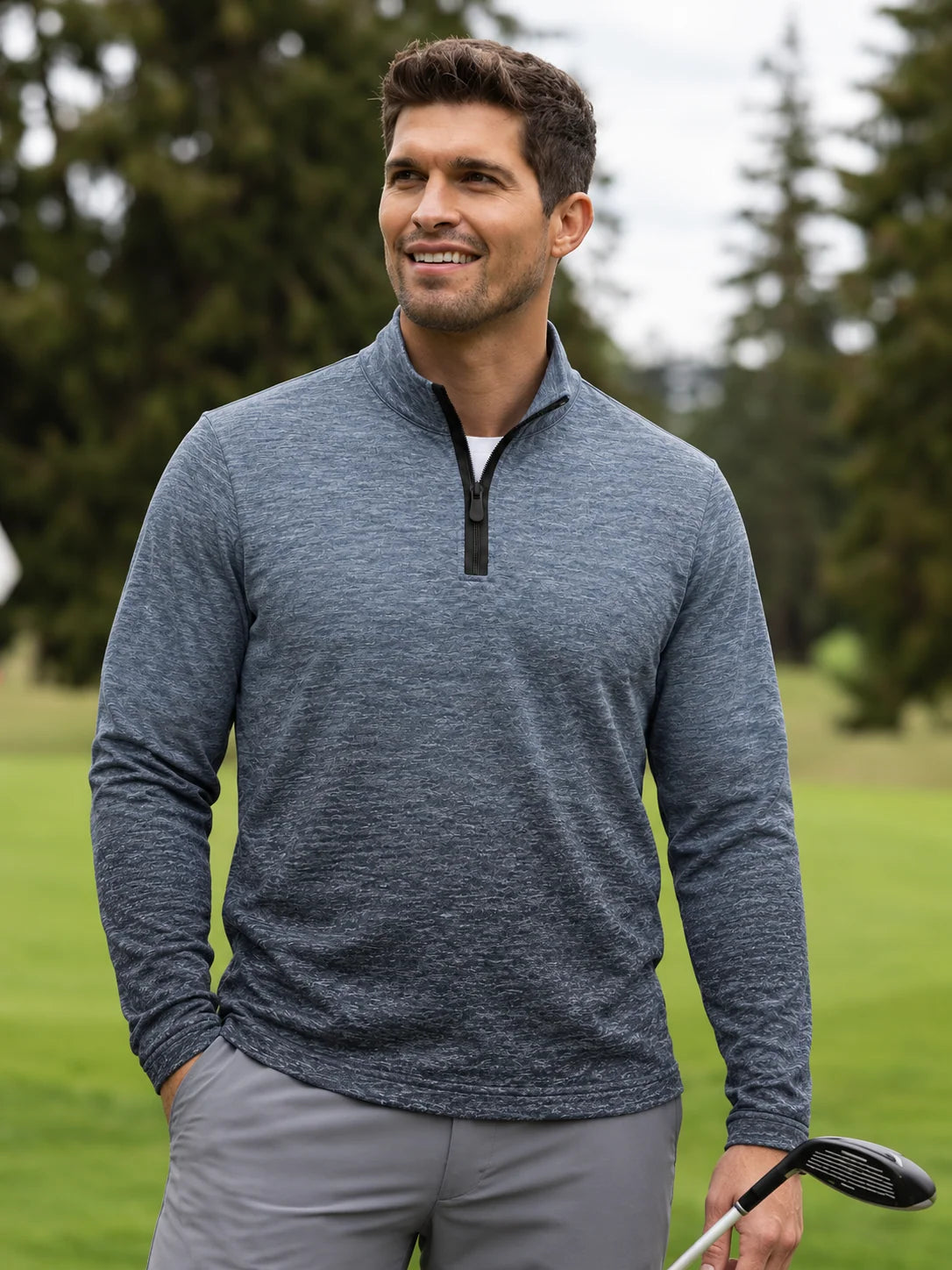 Golf-Pullover mit Viertelreißverschluss und blauem Melange-Farbverlauf