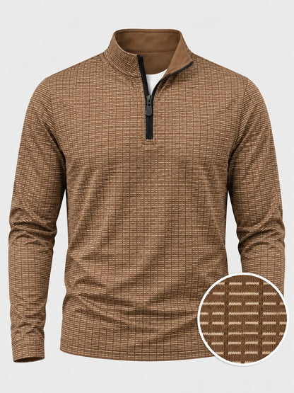 Brauner Performance-Golfpullover mit strukturiertem Muster und Viertelreißverschluss