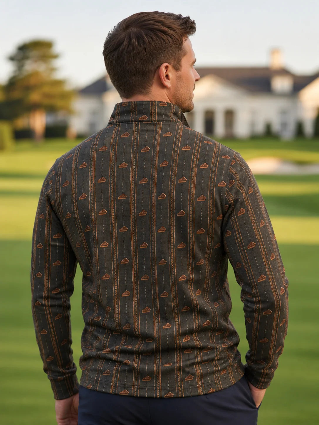 Vintage-Golfpullover mit Kürbiskuchen- und Streifenmuster, Funktionsmaterial und Viertelreißverschluss