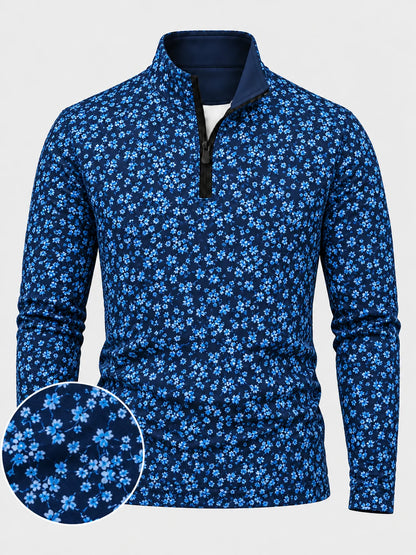 Performance-Pullover in Marineblau mit Blumenmuster und Viertelreißverschluss
