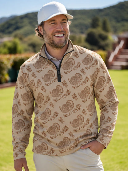 Beigefarbener Golfpullover mit Truthahn-Print im Vintage-Stil, Funktionsmaterial und Viertelreißverschluss