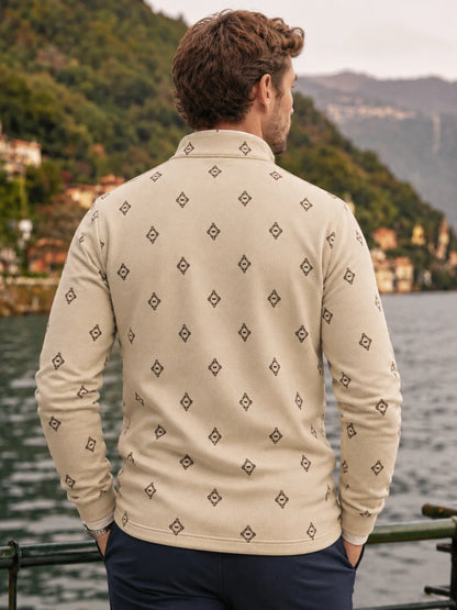 Performance Quarter-Zip-Pullover mit Rautenmuster in Elfenbeinweiß