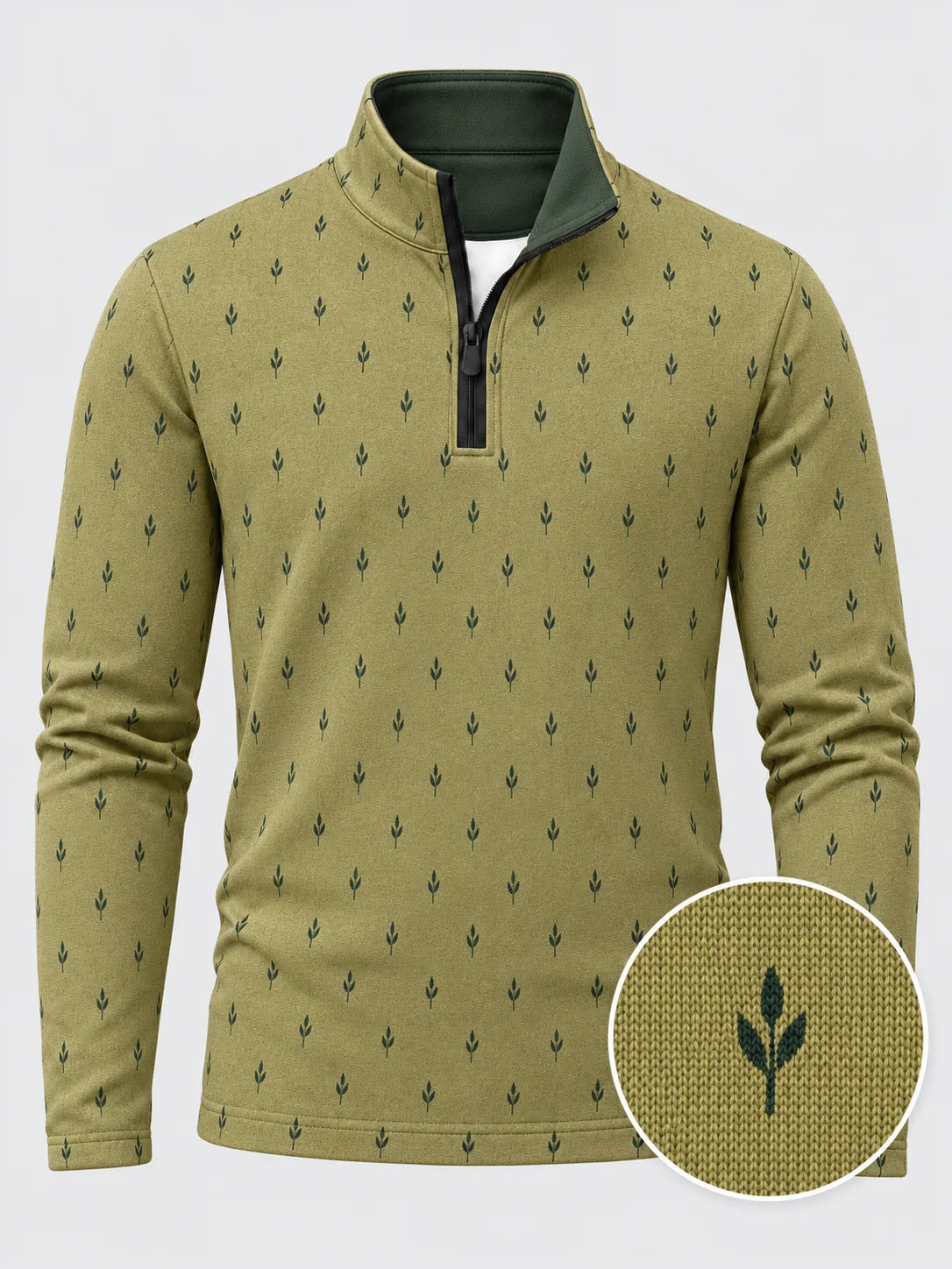 Performance-Golfpullover in Olivgrün mit goldenem Blätterrankenmuster und Viertelreißverschluss