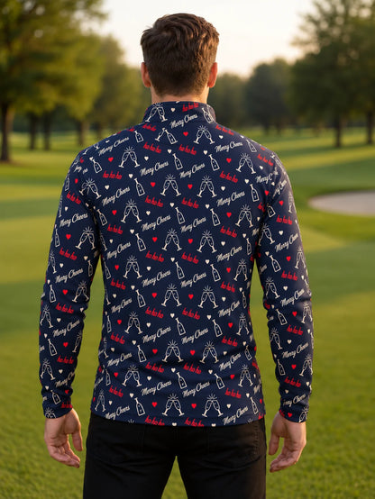 Golfpullover in Mitternachtsblau mit festlichem Weihnachtsmotiv und Viertelreißverschluss