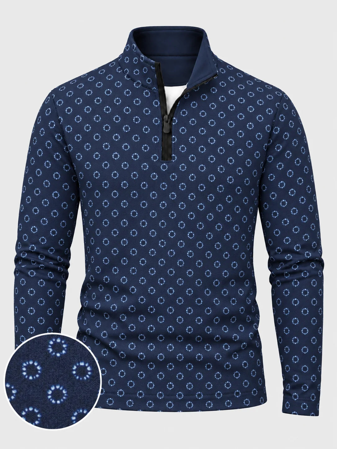 Navyblauer Performance-Pullover mit gepunktetem Kreismuster und kurzem Reißverschluss