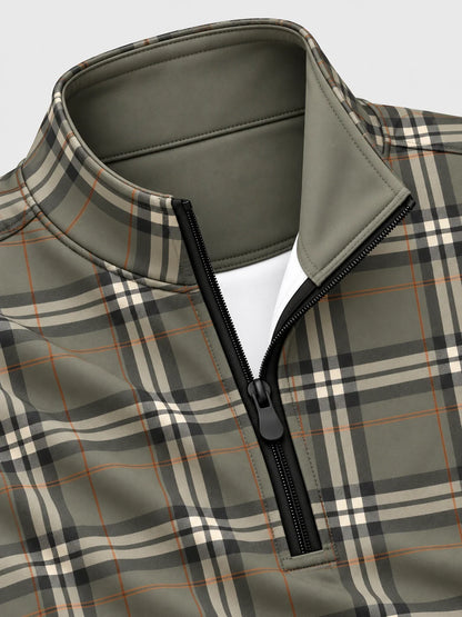 Golf-Pullover in Olivgrün mit Tartan-Karomuster und kurzem Reißverschluss