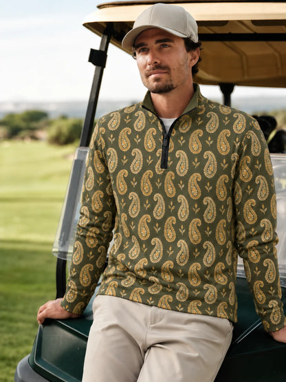 Performance-Pullover in Olivgrün und Gold mit Paisley-Muster und kurzem Reißverschluss