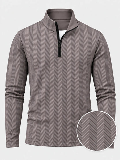 Golf-Pullover in Taupe mit Fischgrätmuster und kurzem Reißverschluss