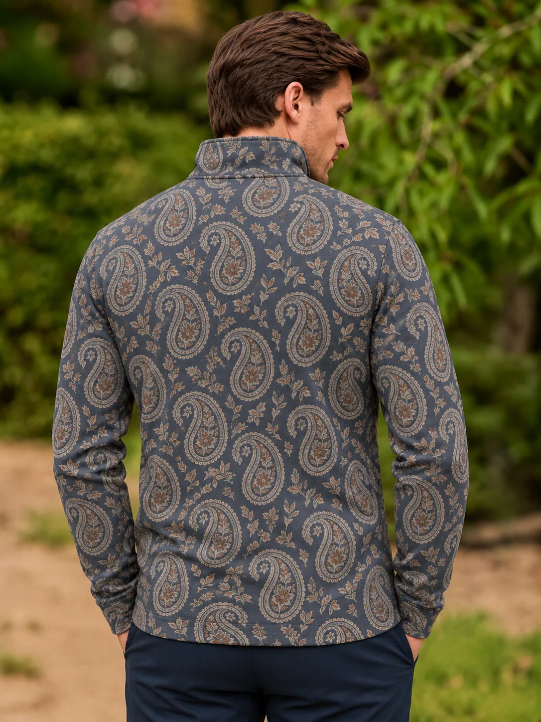Performance-Pullover in Schieferblau mit floralem Paisley-Muster und kurzem Reißverschluss