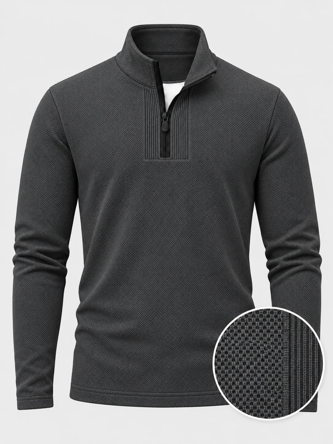 Golf-Pullover aus Funktionsmaterial in Anthrazitgrau mit feiner Mikrorippstruktur und Viertelreißverschluss